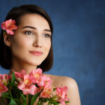 Picture of tender young girl with flowers over blue background